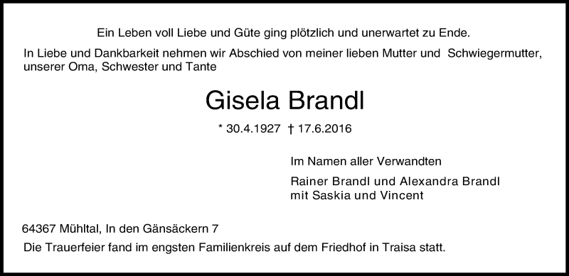  Traueranzeige für Gisela Brandl vom 25.06.2016 aus Trauerportal Echo Online