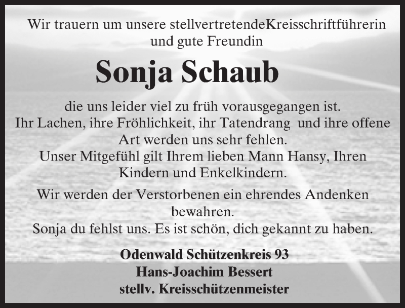 Traueranzeige für Sonja Schaub vom 01.06.2016 aus Trauerportal Echo Online