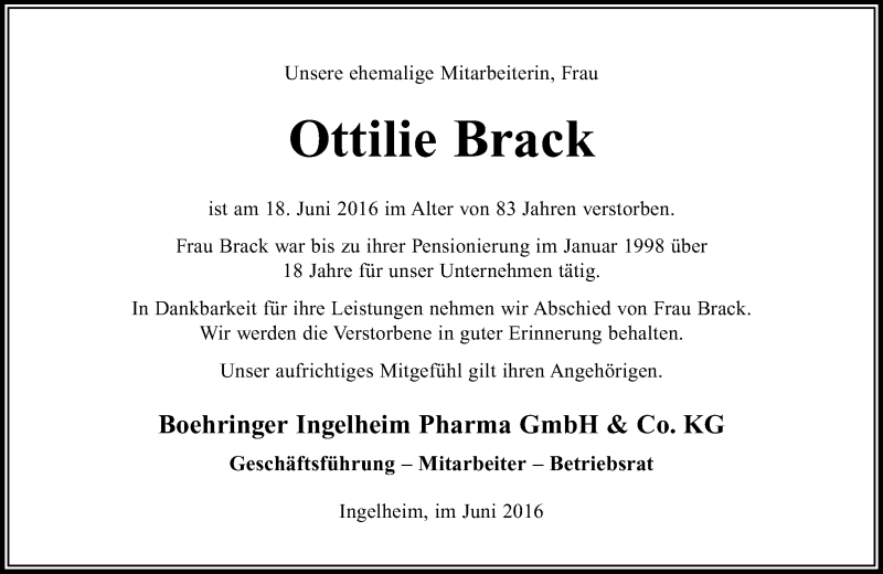  Traueranzeige für Ottilie Brack vom 25.06.2016 aus Trauerportal Rhein Main Presse