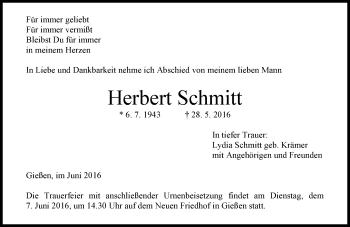 Traueranzeige von Herbert Schmitt von  Gießener Anzeiger