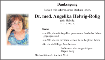 Traueranzeige von Angelika Helwig-Rolig von  Gießener Anzeiger