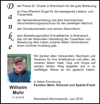 Traueranzeige von Wilhelm Mohr von Trauerportal Echo Online