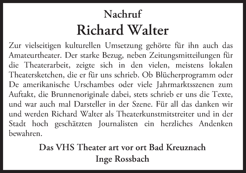  Traueranzeige für Richard Walter vom 02.06.2016 aus  Allg. Zeitung Bad Kreuznach