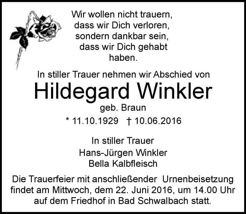  Traueranzeige für Hildegard Winkler vom 18.06.2016 aus Trauerportal Rhein Main Presse
