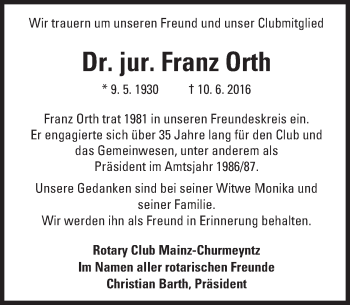 Traueranzeige von Franz Orth von Trauerportal Rhein Main Presse