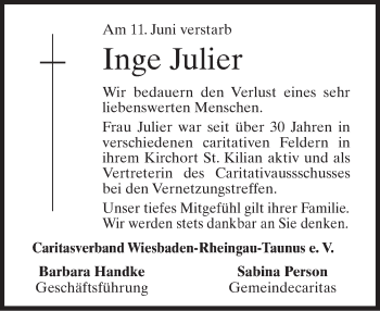 Traueranzeige von Inge Julier von Trauerportal Rhein Main Presse