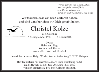 Traueranzeige von Christel Kolze von  Usinger Anzeiger