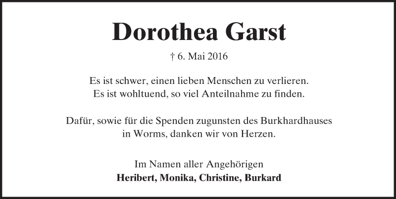  Traueranzeige für Dorothea Garst vom 04.06.2016 aus  Wormser Zeitung