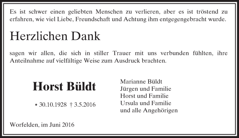  Traueranzeige für Horst Büldt vom 04.06.2016 aus Trauerportal Echo Online