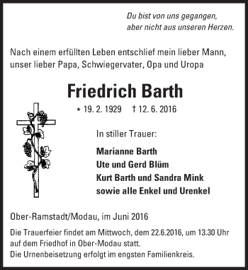 Traueranzeige von Friedrich Barth von Trauerportal Echo Online