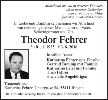 Traueranzeige von Theodor Fehrer von  Allgemeine  Zeitung Ingelheim-Bingen