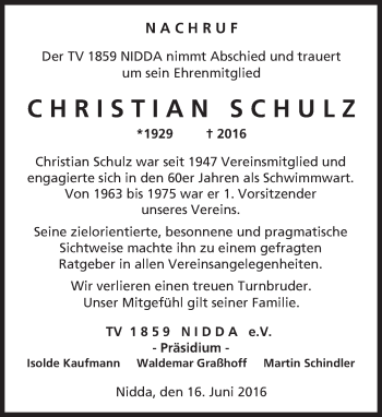 Traueranzeige von Christian Schulz von  Kreisanzeiger