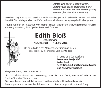 Traueranzeige von Edith Bloß von Trauerportal Rhein Main Presse