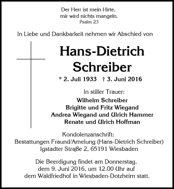 Traueranzeige von Hans-Dietrich Schreiber von  Wiesbaden komplett