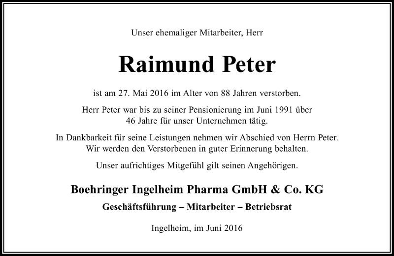  Traueranzeige für Raimund Peter vom 04.06.2016 aus  Allgemeine  Zeitung Ingelheim-Bingen