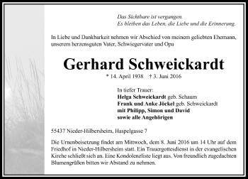 Traueranzeige von Gerhard Schweickardt von  Allgemeine  Zeitung Ingelheim-Bingen
