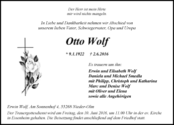 Traueranzeige von Otto Wolf von  Allgemeine Zeitung Mainz