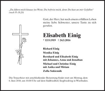 Traueranzeige von Elisabeth Einig von  Wiesbaden komplett