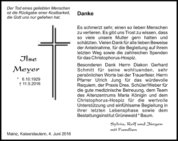 Traueranzeige von Ilse Meyer von  Allgemeine Zeitung Mainz