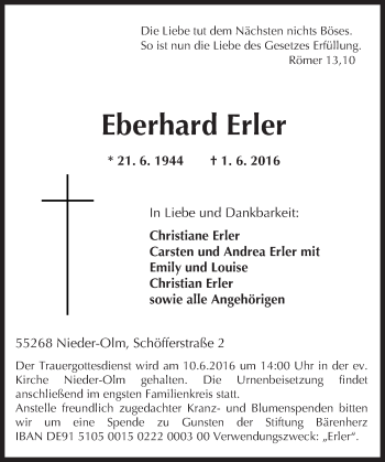 Traueranzeige von Eberhard Erler von  Allgemeine Zeitung Mainz