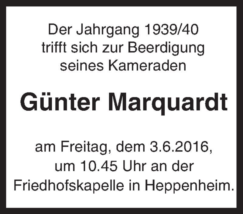  Traueranzeige für Günter Marquardt vom 02.06.2016 aus Trauerportal Echo Online
