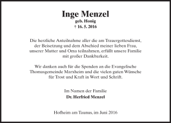 Traueranzeige von Inge Menzel von  Hofheimer Zeitung