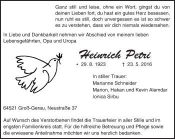 Traueranzeige von Heinrich Petri von Trauerportal Echo Online