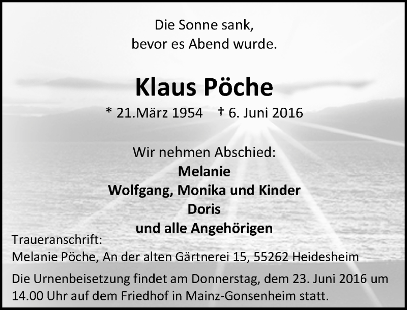  Traueranzeige für Klaus Pöche vom 18.06.2016 aus Trauerportal Rhein Main Presse