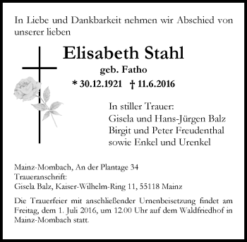 Traueranzeige von Elisabeth Stahl von Trauerportal Rhein Main Presse