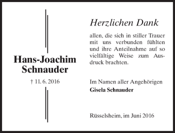 Traueranzeige von Hans-Joachim Schnauder von Trauerportal Rhein Main Presse