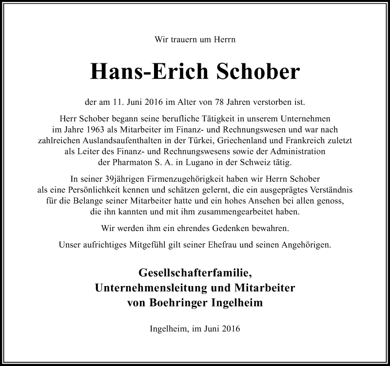  Traueranzeige für Hans-Erich Schober vom 18.06.2016 aus Trauerportal Rhein Main Presse