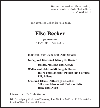 Traueranzeige von Else Becker von Trauerportal Rhein Main Presse