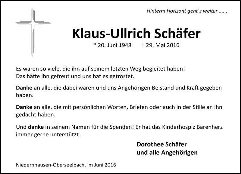  Traueranzeige für Klaus-Ullrich Schäfer vom 16.06.2016 aus Trauerportal Rhein Main Presse