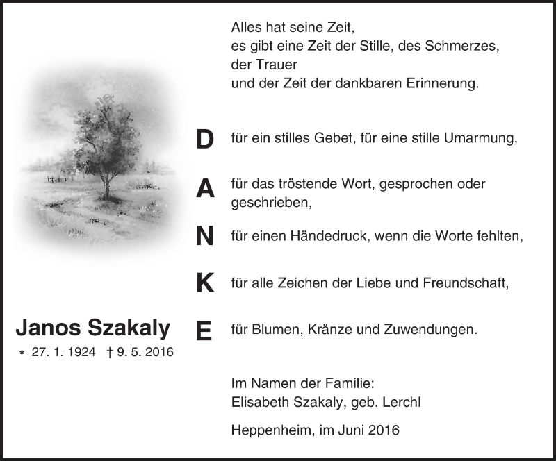  Traueranzeige für Janos Szakaly vom 18.06.2016 aus Trauerportal Echo Online