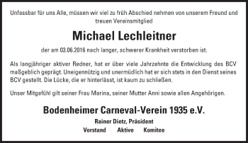 Traueranzeige von Michael Lechleitner von  Allgemeine Zeitung Mainz