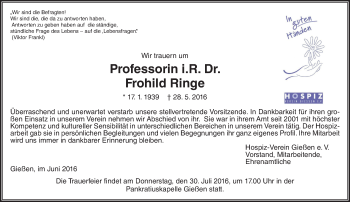 Traueranzeige von Frohild Ringe von  Gießener Anzeiger