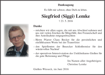 Traueranzeige von Siegfried  Lemke von  Gießener Anzeiger