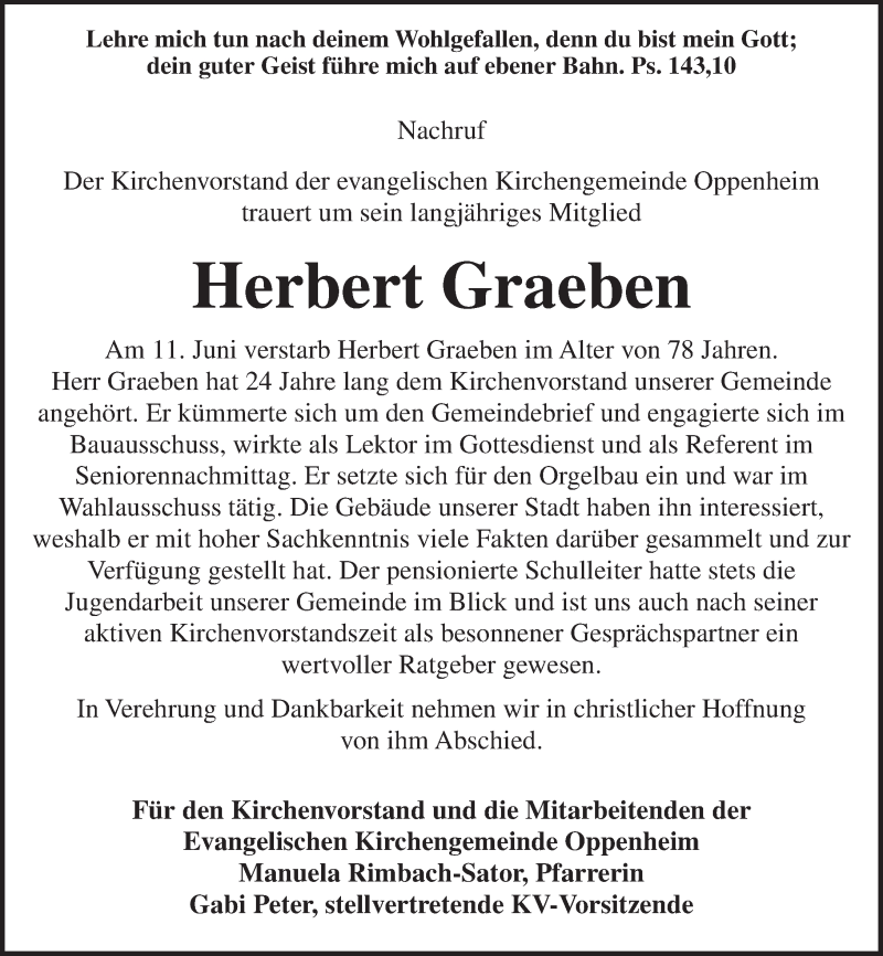  Traueranzeige für Herbert Graeben vom 18.06.2016 aus Trauerportal Rhein Main Presse