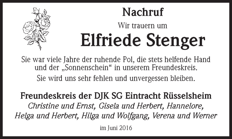 Traueranzeige für Elfriede Stenger vom 02.06.2016 aus  Mainspitze