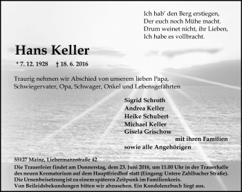 Traueranzeige von Hans Keller von Trauerportal Rhein Main Presse