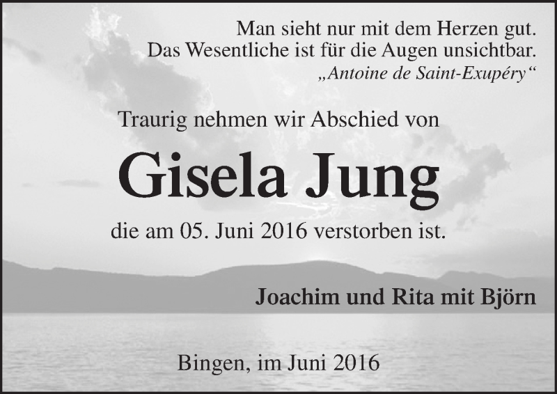 Traueranzeige für Gisela Jung vom 08.06.2016 aus  Allgemeine  Zeitung Ingelheim-Bingen