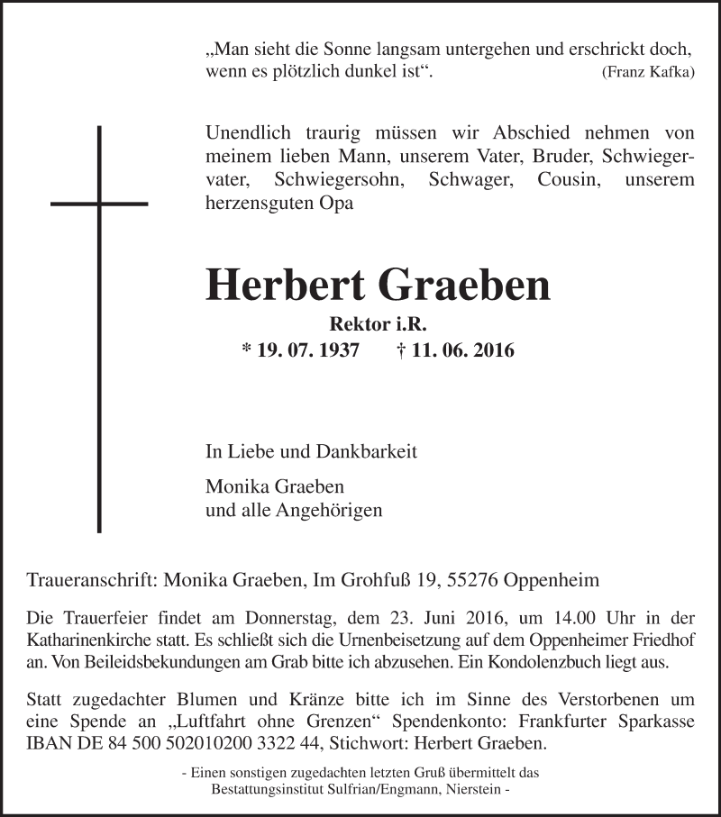  Traueranzeige für Herbert Graeben vom 17.06.2016 aus Trauerportal Rhein Main Presse