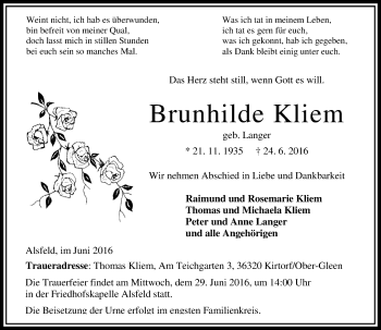 Traueranzeige von Brunhilde Kliem von VRM Trauer