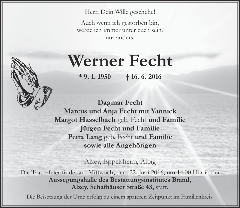  Traueranzeige für Werner Fecht vom 18.06.2016 aus Trauerportal Rhein Main Presse