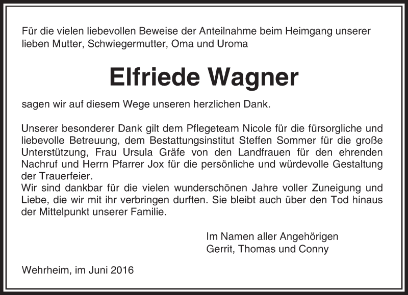  Traueranzeige für Elfriede Wagner vom 18.06.2016 aus  Usinger Anzeiger