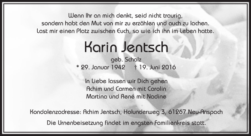  Traueranzeige für Karin Jentsch vom 25.06.2016 aus  Usinger Anzeiger