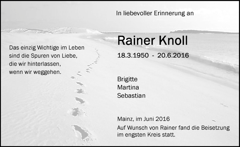  Traueranzeige für Rainer Knoll vom 29.06.2016 aus Trauerportal Rhein Main Presse