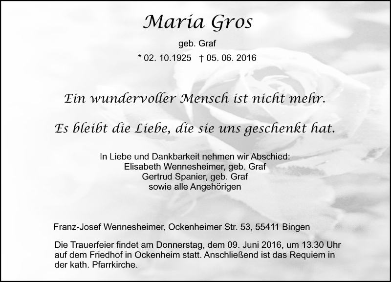  Traueranzeige für Maria Gros vom 08.06.2016 aus  Allgemeine  Zeitung Ingelheim-Bingen