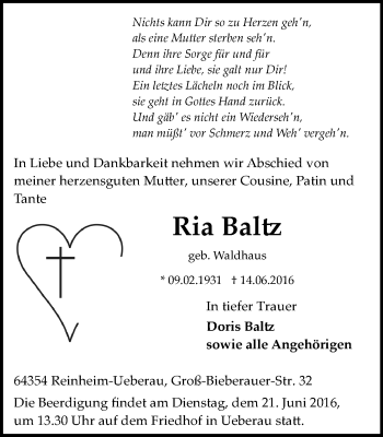 Traueranzeige von Ria Baltz von Trauerportal Echo Online