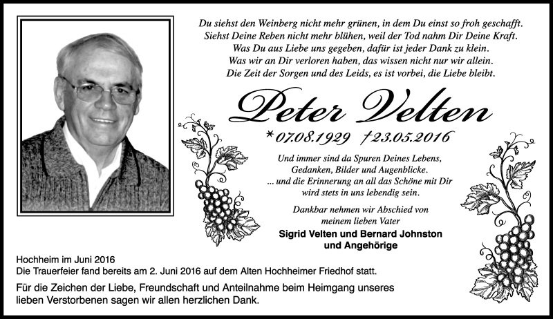  Traueranzeige für Peter Velten vom 10.06.2016 aus  Hochheimer Zeitung